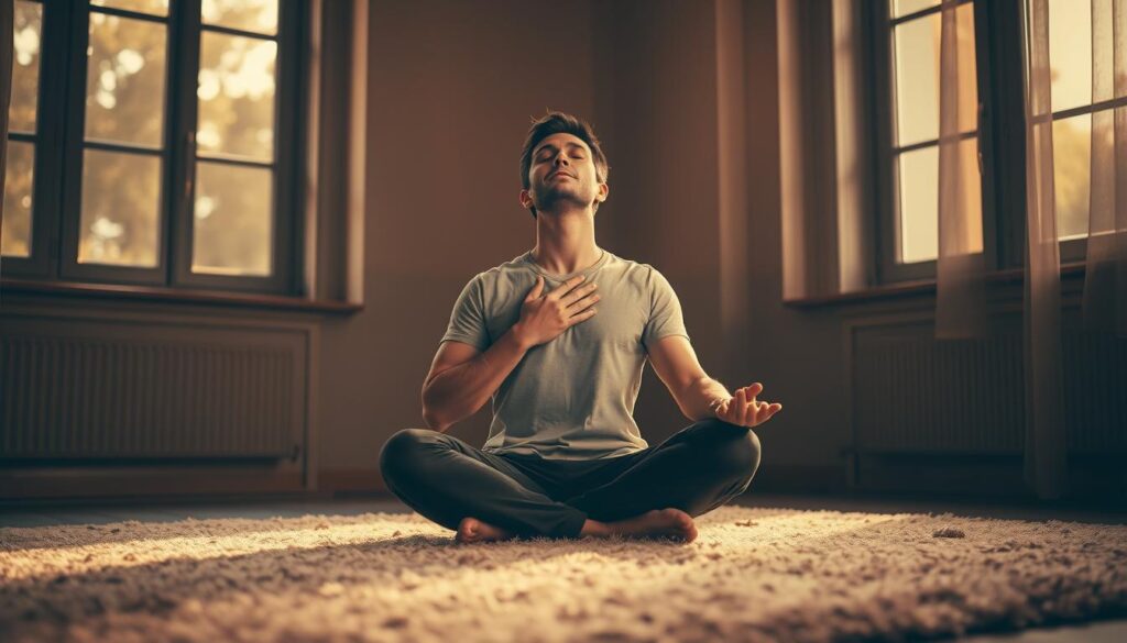 A serene, peaceful scene of a person sitting cross-legged on a soft, plush carpet, taking deep, calming breaths. Warm, golden light filters through large windows, casting a soothing glow on the figure. Muted, earthy tones create a calming, meditative atmosphere. The individual's eyes are closed, their expression relaxed, as they focus inwardly, their chest gently rising and falling with each deep inhalation and exhalation. The overall composition conveys a sense of tranquility and mindfulness, perfectly capturing the essence of an effective in-the-moment coping technique for managing anxiety.