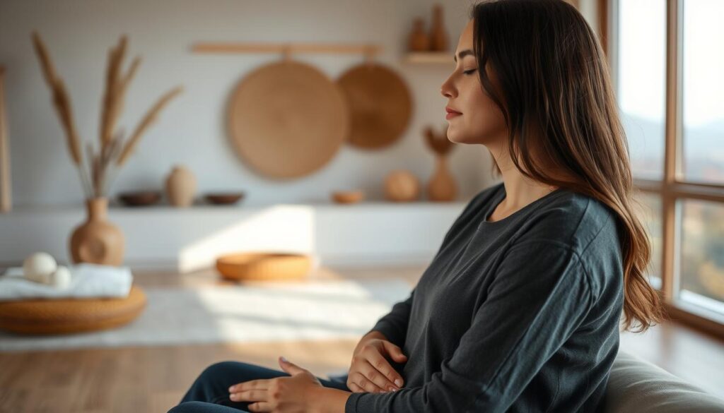 A serene, softly lit interior space with a person sitting in a comfortable position, eyes closed, deeply focused on their listening experience. The foreground features their hands resting gently on their lap, conveying a sense of tranquility and presence. The middle ground showcases a soothing, minimalist decor with natural materials and muted tones, creating a calming ambiance. The background subtly blurs into a hazy, dreamlike landscape, suggesting a sense of contemplation and introspection. The overall mood is one of mindful, attentive listening, inviting the viewer to pause and engage in their own reflective practice. A serene, softly lit interior space with a person sitting in a comfortable position, eyes closed, deeply focused on their listening experience. The foreground features their hands resting gently on their lap, conveying a sense of tranquility and presence. The middle ground showcases a soothing, minimalist decor with natural materials and muted tones, creating a calming ambiance. The background subtly blurs into a hazy, dreamlike landscape, suggesting a sense of contemplation and introspection. The overall mood is one of mindful, attentive listening, inviting the viewer to pause and engage in their own reflective practice.