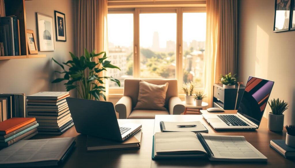 A serene study nook with a student's workspace, brimming with thoughtful organization. Warm lighting casts a cozy glow over textbooks, a laptop, and a planner, conveying a sense of focus and balance. In the middle ground, a plush armchair invites relaxation, while a calming plant and minimalist decor create an oasis of tranquility. The background features a window overlooking a verdant, sun-dappled cityscape, suggesting the student's ability to maintain a healthy work-life equilibrium. A serene study nook with a student's workspace, brimming with thoughtful organization. Warm lighting casts a cozy glow over textbooks, a laptop, and a planner, conveying a sense of focus and balance. In the middle ground, a plush armchair invites relaxation, while a calming plant and minimalist decor create an oasis of tranquility. The background features a window overlooking a verdant, sun-dappled cityscape, suggesting the student's ability to maintain a healthy work-life equilibrium.