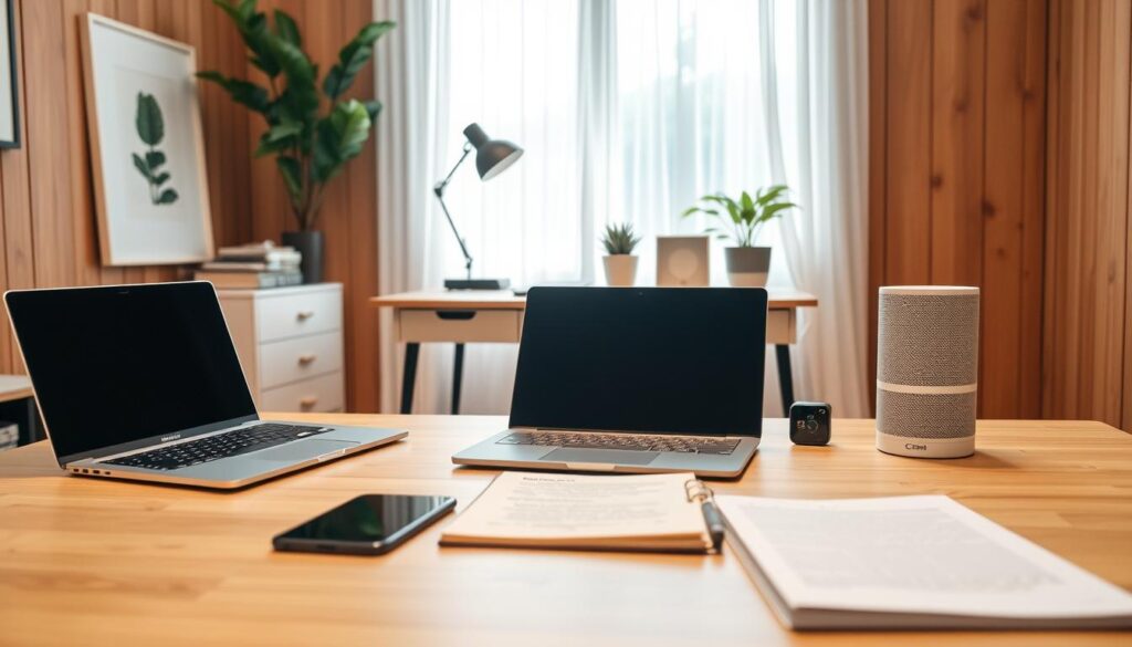 A serene study space with digital tools designed to block distractions. In the foreground, a laptop, phone, and tablet are surrounded by sleek, minimalist devices like a digital timer, a distraction-free writing app, and a smart speaker playing soothing nature sounds. The middle ground features a well-organized desk with a desk organizer, a stylish lamp, and a potted plant. The background showcases a cozy, wood-paneled room with natural lighting filtering through sheer curtains, creating a calming, focused atmosphere.