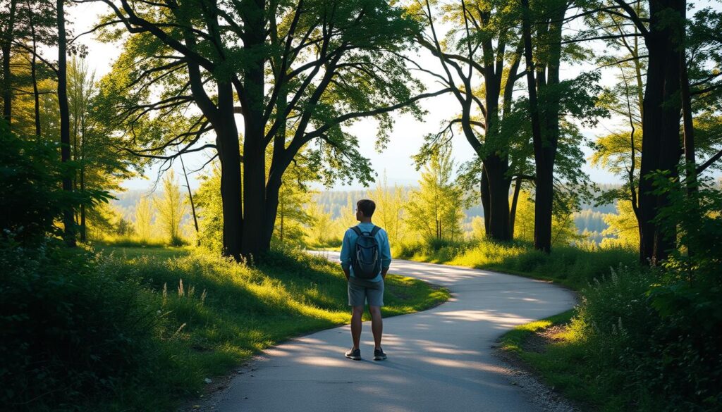 A serene, sun-dappled forest path, winding through lush greenery. In the foreground, a young person standing at a crossroads, gazing thoughtfully at two diverging paths, symbolizing the important decision of choosing a college major. The middle ground features a warm, golden light filtering through the trees, casting an inviting, introspective atmosphere. In the background, a sense of possibility and adventure, with distant mountains hinting at the vast horizons of the future. The camera angle is slightly elevated, creating a sense of contemplation and perspective. Soft, diffused lighting and a shallow depth of field focus the viewer's attention on the central figure, pondering their academic journey.
