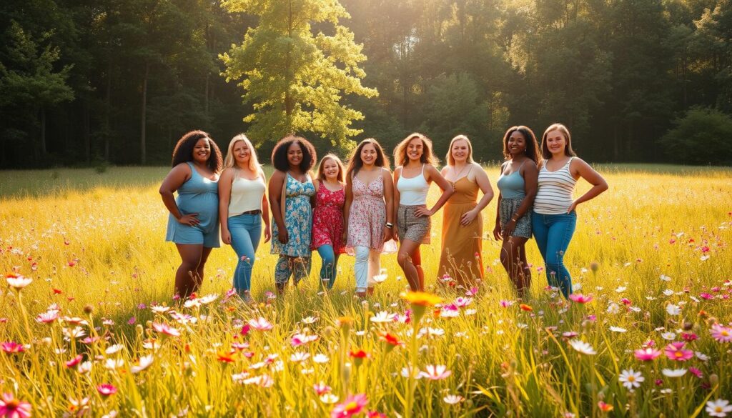 A serene, sun-dappled meadow, lush with vibrant wildflowers. In the center, a diverse group of figures - diverse in size, shape, and skin tone - stand tall and proud, their faces radiant with self-acceptance. Soft, diffused lighting bathes the scene, creating an aura of warmth and inner glow. The figures' poses exude a sense of joyful, uninhibited movement, conveying the liberating power of body positivity. In the background, a tranquil forest provides a verdant, nurturing backdrop, symbolizing the emotional well-being and self-love that blossoms from embracing one's authentic self. A serene, sun-dappled meadow, lush with vibrant wildflowers. In the center, a diverse group of figures - diverse in size, shape, and skin tone - stand tall and proud, their faces radiant with self-acceptance. Soft, diffused lighting bathes the scene, creating an aura of warmth and inner glow. The figures' poses exude a sense of joyful, uninhibited movement, conveying the liberating power of body positivity. In the background, a tranquil forest provides a verdant, nurturing backdrop, symbolizing the emotional well-being and self-love that blossoms from embracing one's authentic self.