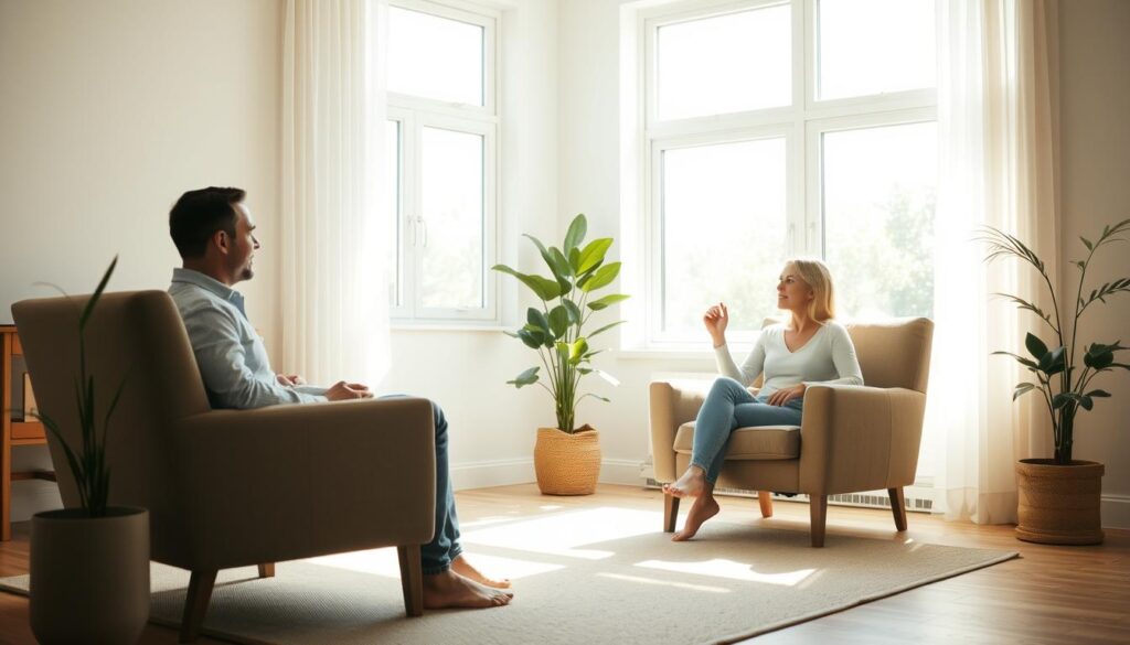 A serene, sunlit living room with soft natural lighting filtering through large windows. Two people, a man and a woman, sit facing each other on comfortable armchairs, engaged in a thoughtful discussion. Their body language conveys openness and mutual understanding as they set healthy boundaries, defining personal space and respecting each other's needs. The room's decor is minimalist yet warm, with muted colors and natural textures, creating an atmosphere of calm introspection. A potted plant in the corner symbolizes the growth that can come from this constructive dialogue. A serene, sunlit living room with soft natural lighting filtering through large windows. Two people, a man and a woman, sit facing each other on comfortable armchairs, engaged in a thoughtful discussion. Their body language conveys openness and mutual understanding as they set healthy boundaries, defining personal space and respecting each other's needs. The room's decor is minimalist yet warm, with muted colors and natural textures, creating an atmosphere of calm introspection. A potted plant in the corner symbolizes the growth that can come from this constructive dialogue.