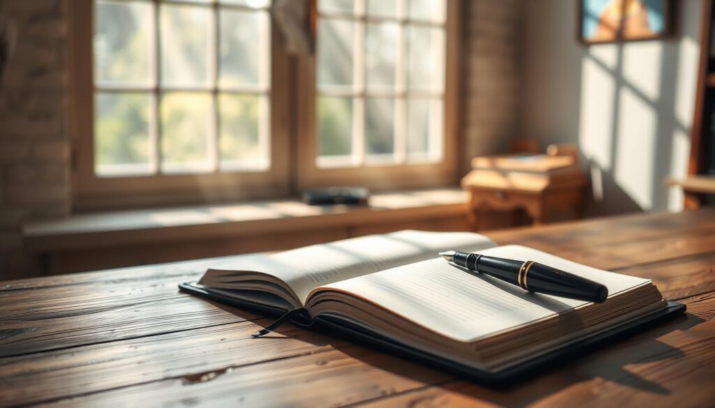 A serene, sunlit study with a wooden desk and an open journal. Delicate rays of light stream through a large window, casting a warm glow on the pages. A well-worn fountain pen rests beside the journal, symbolizing the act of mindful writing. The background is softly blurred, focusing attention on the journal and the process of self-reflection. The scene conveys a sense of tranquility and personal growth, as the writer embarks on a journey of gratitude and self-discovery through the power of the written word. A serene, sunlit study with a wooden desk and an open journal. Delicate rays of light stream through a large window, casting a warm glow on the pages. A well-worn fountain pen rests beside the journal, symbolizing the act of mindful writing. The background is softly blurred, focusing attention on the journal and the process of self-reflection. The scene conveys a sense of tranquility and personal growth, as the writer embarks on a journey of gratitude and self-discovery through the power of the written word.