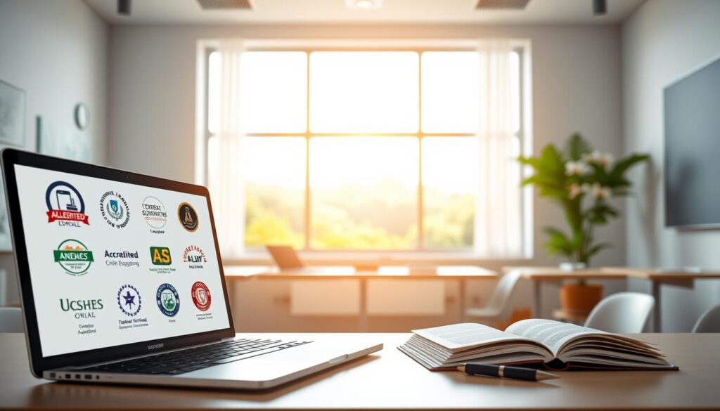 A serene, well-lit classroom setting with a modern, minimalist design. In the foreground, a laptop displaying various accredited online education program logos and certifications. In the middle ground, a desk with course materials, a pen, and a notebook. The background features a large window overlooking a peaceful, natural landscape, bathed in soft, natural lighting. The overall atmosphere conveys a sense of professionalism, credibility, and educational excellence associated with accredited online programs. A serene, well-lit classroom setting with a modern, minimalist design. In the foreground, a laptop displaying various accredited online education program logos and certifications. In the middle ground, a desk with course materials, a pen, and a notebook. The background features a large window overlooking a peaceful, natural landscape, bathed in soft, natural lighting. The overall atmosphere conveys a sense of professionalism, credibility, and educational excellence associated with accredited online programs.