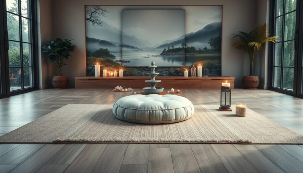A serene, well-lit meditation space with soft natural lighting filtering in through large windows. At the center, a comfortable zafu cushion sits atop a plush meditation mat, surrounded by an arrangement of healing crystals, a small water fountain, and fragrant candles. In the background, a tranquil landscape painting or nature-inspired wallpaper creates a calming atmosphere. Ambient sounds of gentle rain or soothing music play in the background, inviting deep relaxation. The camera angle showcases the entire setup from a slightly elevated perspective, capturing the harmonious balance of the environment. A serene, well-lit meditation space with soft natural lighting filtering in through large windows. At the center, a comfortable zafu cushion sits atop a plush meditation mat, surrounded by an arrangement of healing crystals, a small water fountain, and fragrant candles. In the background, a tranquil landscape painting or nature-inspired wallpaper creates a calming atmosphere. Ambient sounds of gentle rain or soothing music play in the background, inviting deep relaxation. The camera angle showcases the entire setup from a slightly elevated perspective, capturing the harmonious balance of the environment.