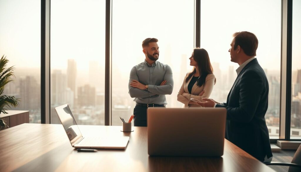 A serene, well-lit office setting with a large, wooden desk in the foreground. On the desk, a laptop, a pen holder, and a few carefully placed documents. In the middle ground, two people - a man and a woman - engaged in a thoughtful discussion, their body language conveying active listening and understanding. The background features a large window overlooking a bustling city skyline, bathed in warm, golden light. The overall atmosphere is one of professional, yet personable, effective communication. A serene, well-lit office setting with a large, wooden desk in the foreground. On the desk, a laptop, a pen holder, and a few carefully placed documents. In the middle ground, two people - a man and a woman - engaged in a thoughtful discussion, their body language conveying active listening and understanding. The background features a large window overlooking a bustling city skyline, bathed in warm, golden light. The overall atmosphere is one of professional, yet personable, effective communication.