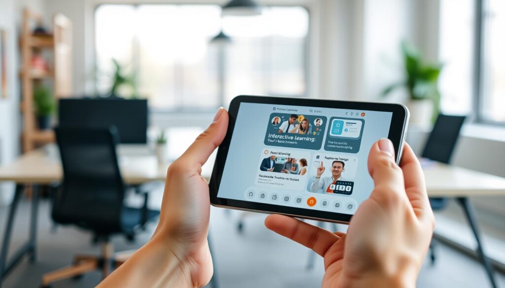 A sleek, modern mobile device held in a user's hand, its screen displaying interactive learning content. In the background, a blurred office or study environment with minimalist furniture, natural lighting, and a sense of focus and productivity. The mobile device's interface features intuitive controls, colorful visuals, and a clean, responsive design optimized for self-paced learning. The overall atmosphere conveys the convenience, engagement, and effectiveness of leveraging technology to enhance personalized, on-the-go education. A sleek, modern mobile device held in a user's hand, its screen displaying interactive learning content. In the background, a blurred office or study environment with minimalist furniture, natural lighting, and a sense of focus and productivity. The mobile device's interface features intuitive controls, colorful visuals, and a clean, responsive design optimized for self-paced learning. The overall atmosphere conveys the convenience, engagement, and effectiveness of leveraging technology to enhance personalized, on-the-go education.