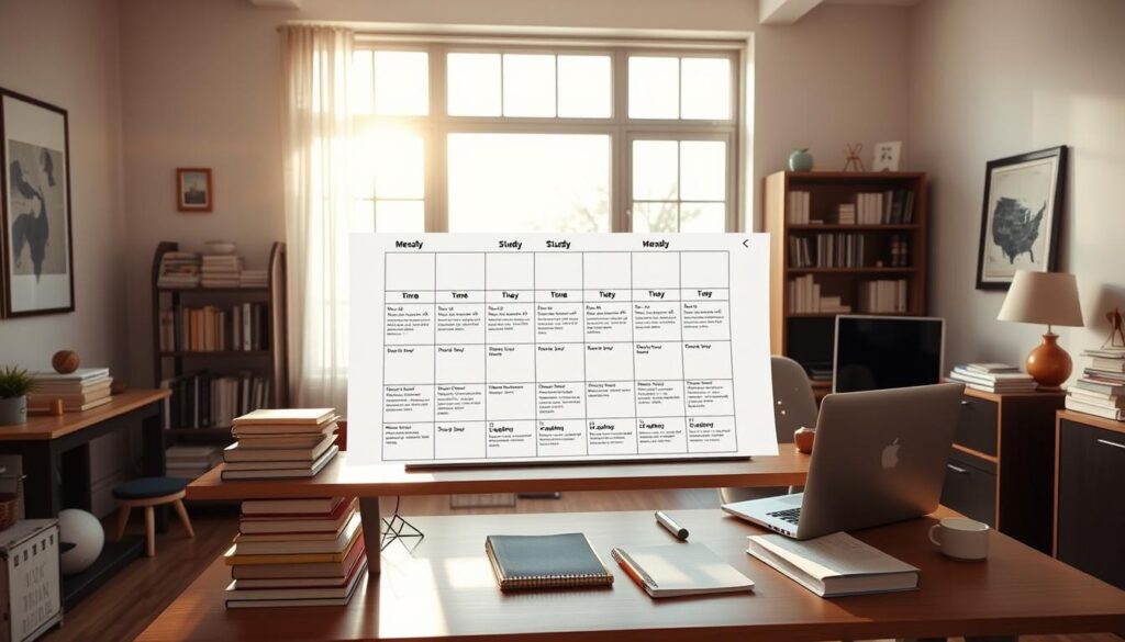 A spacious and well-organized home office, with a desk arranged for focused study. On the desk, a weekly schedule is carefully laid out, divided into time blocks for different learning activities - reading, watching video lectures, completing assignments, and taking breaks. The lighting is warm and natural, streaming in through large windows. Various study materials, such as books, notebooks, and a laptop, are neatly arranged, creating a sense of intentionality and productivity. The room has a calming, minimalist aesthetic, encouraging deep concentration and effective time management for online learning. A spacious and well-organized home office, with a desk arranged for focused study. On the desk, a weekly schedule is carefully laid out, divided into time blocks for different learning activities - reading, watching video lectures, completing assignments, and taking breaks. The lighting is warm and natural, streaming in through large windows. Various study materials, such as books, notebooks, and a laptop, are neatly arranged, creating a sense of intentionality and productivity. The room has a calming, minimalist aesthetic, encouraging deep concentration and effective time management for online learning.