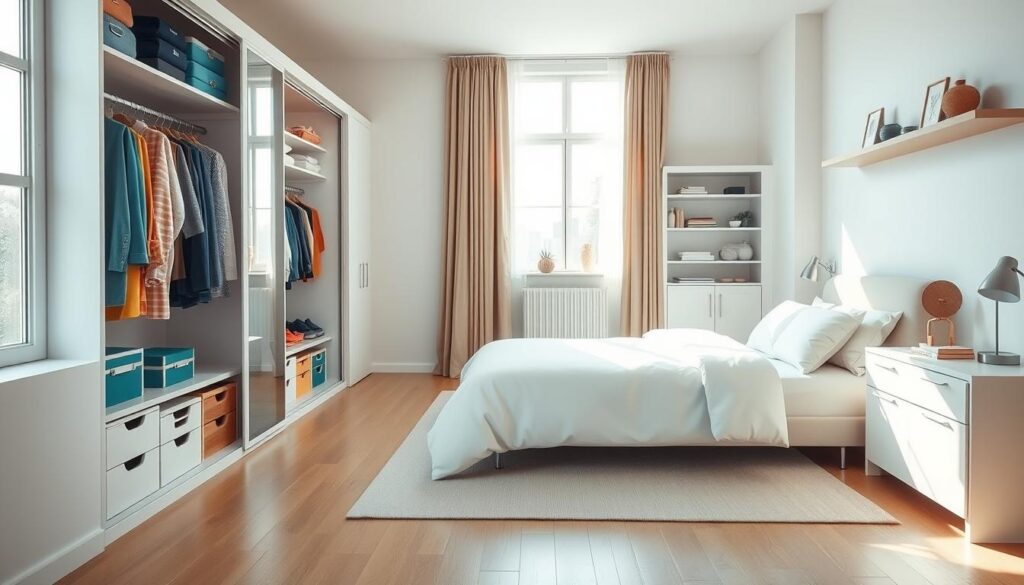 A spacious, well-lit bedroom with an abundance of natural light streaming through large windows. In the foreground, a neatly organized closet with color-coordinated clothing, accessories, and storage containers. In the middle ground, a streamlined bedside table with only essential items, and a minimalist bed frame with crisp, white linens. The background showcases a few strategically placed shelves and drawers, meticulously decluttered and displaying a handful of decorative accents. The overall atmosphere is one of calm, serenity, and a sense of control, evoking an effortless, organized living space. A spacious, well-lit bedroom with an abundance of natural light streaming through large windows. In the foreground, a neatly organized closet with color-coordinated clothing, accessories, and storage containers. In the middle ground, a streamlined bedside table with only essential items, and a minimalist bed frame with crisp, white linens. The background showcases a few strategically placed shelves and drawers, meticulously decluttered and displaying a handful of decorative accents. The overall atmosphere is one of calm, serenity, and a sense of control, evoking an effortless, organized living space.
