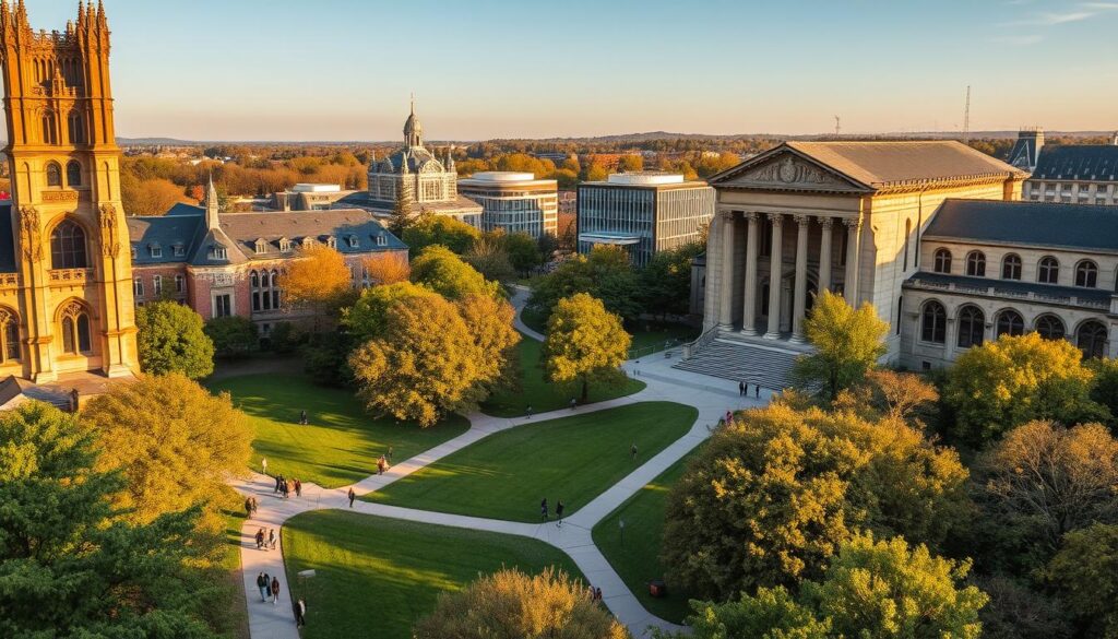 A sprawling university campus nestled amidst lush greenery, with towering Gothic-inspired architecture casting long shadows under a warm, golden-hour light. In the foreground, students stroll along winding pathways, deep in contemplation. The middle ground features a grand, columned library, its façade adorned with intricate carvings. In the distance, a cluster of modern, glass-paneled academic buildings stand in contrast, symbolizing the evolution of higher education. The overall scene conveys a sense of timeless tradition, intellectual pursuit, and the boundless potential of academic exploration.