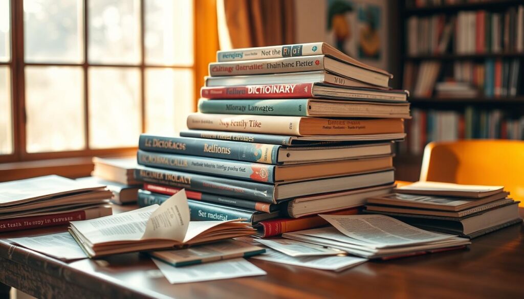 A stack of well-worn language textbooks, dictionaries, and phrasebooks sits on a wooden table, illuminated by warm natural light filtering through a window. Scattered around them are loose pages, notes, and photocopied articles, creating an atmosphere of active learning and immersion. The table surface reflects the vibrant colors and textures of the materials, hinting at the depth of cultural and linguistic knowledge they contain. The overall scene conveys a sense of authenticity, inviting the viewer to engage with the tools of language acquisition and the richness of authentic language materials. A stack of well-worn language textbooks, dictionaries, and phrasebooks sits on a wooden table, illuminated by warm natural light filtering through a window. Scattered around them are loose pages, notes, and photocopied articles, creating an atmosphere of active learning and immersion. The table surface reflects the vibrant colors and textures of the materials, hinting at the depth of cultural and linguistic knowledge they contain. The overall scene conveys a sense of authenticity, inviting the viewer to engage with the tools of language acquisition and the richness of authentic language materials.