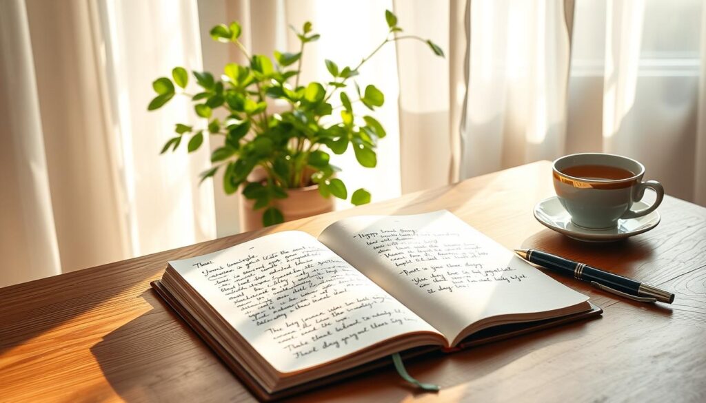 A sun-dappled wooden desk with an open journal, a cup of steaming tea, and a pen poised in an elegant hand. Soft, natural lighting filters through sheer curtains, casting a warm glow over the scene. On the journal pages, handwritten notes and gratitude entries emerge, reflecting on the day's blessings. In the background, a lush, verdant houseplant stands sentinel, symbolizing the growth and nourishment that can come from a consistent daily practice. The overall mood is one of tranquility, mindfulness, and the gentle rhythm of establishing a meaningful habit. A sun-dappled wooden desk with an open journal, a cup of steaming tea, and a pen poised in an elegant hand. Soft, natural lighting filters through sheer curtains, casting a warm glow over the scene. On the journal pages, handwritten notes and gratitude entries emerge, reflecting on the day's blessings. In the background, a lush, verdant houseplant stands sentinel, symbolizing the growth and nourishment that can come from a consistent daily practice. The overall mood is one of tranquility, mindfulness, and the gentle rhythm of establishing a meaningful habit.