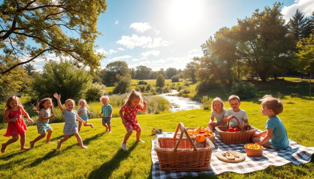 A sun-drenched backyard filled with lively children engaged in a variety of energetic summer activities. In the foreground, a group of kids playing an outdoor game, their faces alight with joy and laughter. In the middle ground, a family picnic scene with a checkered blanket, wicker baskets, and a welcoming spread of seasonal fruits and snacks. The background features a lush, verdant landscape with swaying trees, a tranquil stream, and a cloudless azure sky, bathed in warm, golden sunlight that casts a cheerful glow over the entire scene. The atmosphere is one of pure summer bliss, capturing the essence of why family activities during this season matter so much - they foster lasting memories, strengthen bonds, and nurture a deep appreciation for the simple pleasures of life.