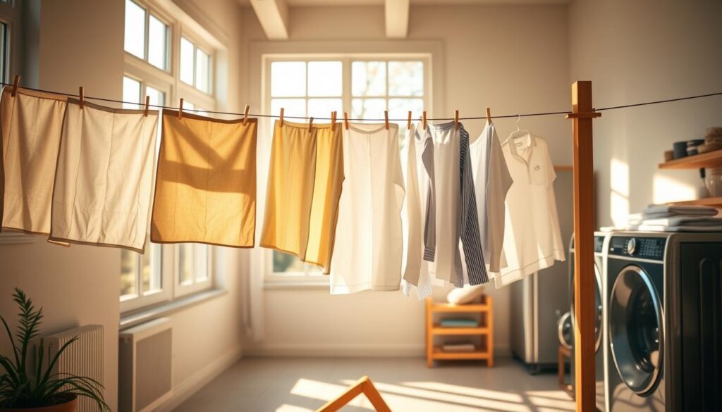 A sun-drenched laundry room with an airy, minimalist aesthetic. In the foreground, a clothesline stretches across the frame, adorned with freshly washed garments gently swaying in a light breeze. The middle ground features a sturdy wooden drying rack, its slats laden with neatly folded towels and shirts, basking in the warm, natural light filtering through large windows. In the background, sleek, modern appliances and a neatly organized storage system convey a sense of efficiency and organization. The overall mood is one of calm, tranquility, and a commitment to sustainable, wrinkle-free drying methods.