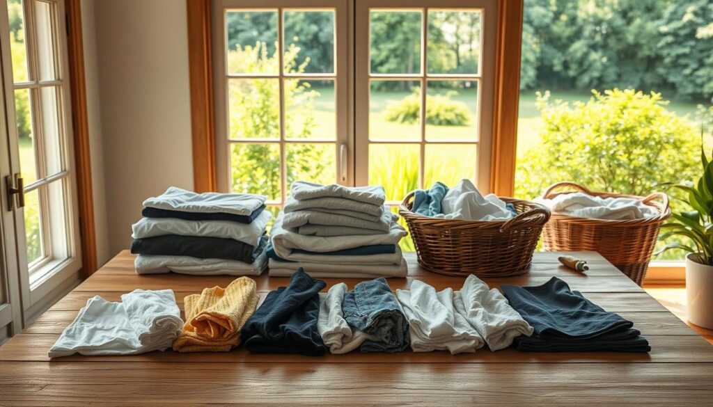A sunny, well-lit room with a large wooden table in the foreground. On the table, various types of laundry are neatly sorted into piles - whites, darks, delicates, and colors. A basket of freshly washed clothes sits nearby, awaiting folding. The background features a large window overlooking a lush, green garden, casting a warm, natural light throughout the space. The scene conveys a sense of organization, tranquility, and a mindful approach to the often-overlooked task of laundry sorting. The camera angle is slightly elevated, providing a comprehensive view of the organized setup.