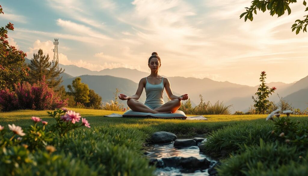 A tranquil garden scene with a person sitting cross-legged on a cushion, practicing mindful meditation. The foreground features lush greenery, blooming flowers, and a small flowing stream. The middle ground showcases the meditating figure, bathed in warm, soft lighting, their expression serene and focused. The background depicts a picturesque mountain landscape with wispy clouds drifting overhead, creating a sense of peaceful solitude. The overall mood is one of calm and relaxation, inviting the viewer to pause and reflect on effective stress reduction techniques. A tranquil garden scene with a person sitting cross-legged on a cushion, practicing mindful meditation. The foreground features lush greenery, blooming flowers, and a small flowing stream. The middle ground showcases the meditating figure, bathed in warm, soft lighting, their expression serene and focused. The background depicts a picturesque mountain landscape with wispy clouds drifting overhead, creating a sense of peaceful solitude. The overall mood is one of calm and relaxation, inviting the viewer to pause and reflect on effective stress reduction techniques.