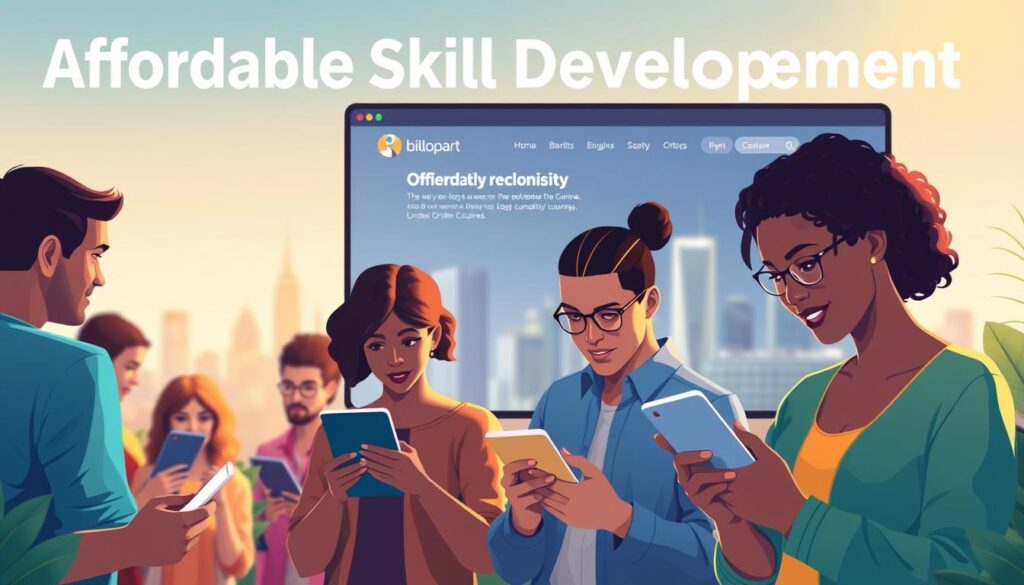 A vibrant and dynamic illustration of cost-effective skill building. In the foreground, a diverse group of individuals intently focused on their digital devices, engaged in interactive online tutorials and courses. The middle ground features a sleek, minimalist learning interface, with clean typography and intuitive navigation. In the background, a softly blurred city skyline, hinting at the boundless opportunities enabled by these accessible educational resources. Warm, diffused lighting casts a sense of productivity and inspiration, while a subtle color palette of blues, greens, and neutrals conveys a modern, professional aesthetic. The overall scene captures the empowering and empowering nature of free online courses for beginners. A vibrant and dynamic illustration of cost-effective skill building. In the foreground, a diverse group of individuals intently focused on their digital devices, engaged in interactive online tutorials and courses. The middle ground features a sleek, minimalist learning interface, with clean typography and intuitive navigation. In the background, a softly blurred city skyline, hinting at the boundless opportunities enabled by these accessible educational resources. Warm, diffused lighting casts a sense of productivity and inspiration, while a subtle color palette of blues, greens, and neutrals conveys a modern, professional aesthetic. The overall scene captures the empowering and empowering nature of free online courses for beginners.
