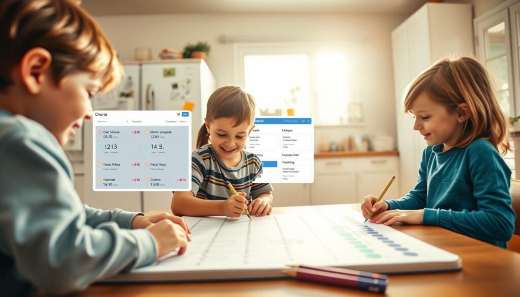 A vibrant and evolving chore system, depicted as a dynamic family scene. In the foreground, children enthusiastically collaborate on a chore chart, drawing and coloring their assigned tasks. The middle ground showcases a flexible, cloud-based application displaying customizable chore schedules, progress tracking, and reward systems. In the background, a warm, sun-filled kitchen with subtle hints of a family's daily life - a whiteboard, fridge magnets, and a shared calendar. The overall atmosphere conveys a sense of organization, collaboration, and a family's collective effort to maintain a well-functioning household. Captured with a wide-angle lens, soft lighting, and a natural, documentary-style aesthetic. A vibrant and evolving chore system, depicted as a dynamic family scene. In the foreground, children enthusiastically collaborate on a chore chart, drawing and coloring their assigned tasks. The middle ground showcases a flexible, cloud-based application displaying customizable chore schedules, progress tracking, and reward systems. In the background, a warm, sun-filled kitchen with subtle hints of a family's daily life - a whiteboard, fridge magnets, and a shared calendar. The overall atmosphere conveys a sense of organization, collaboration, and a family's collective effort to maintain a well-functioning household. Captured with a wide-angle lens, soft lighting, and a natural, documentary-style aesthetic.