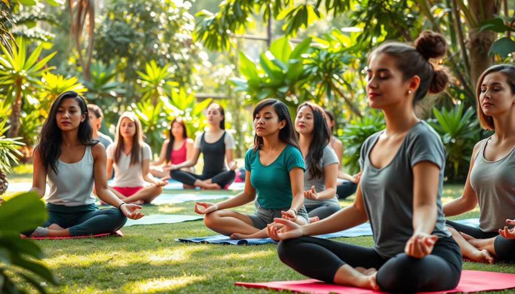 A vibrant and inviting scene of students engaged in various wellness activities. In the foreground, a group of students practice gentle yoga poses on mats, their faces serene and focused. In the middle ground, others sit cross-legged, eyes closed, deep in meditation. In the background, a lush, verdant garden provides a soothing natural backdrop, with sunlight filtering through the leaves and casting a warm, calming glow. The atmosphere is one of tranquility and mindfulness, encouraging students to prioritize their physical and mental well-being amidst the demands of online learning. A vibrant and inviting scene of students engaged in various wellness activities. In the foreground, a group of students practice gentle yoga poses on mats, their faces serene and focused. In the middle ground, others sit cross-legged, eyes closed, deep in meditation. In the background, a lush, verdant garden provides a soothing natural backdrop, with sunlight filtering through the leaves and casting a warm, calming glow. The atmosphere is one of tranquility and mindfulness, encouraging students to prioritize their physical and mental well-being amidst the demands of online learning.