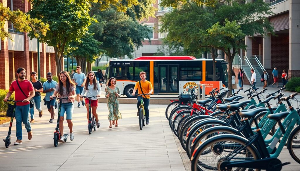 A vibrant campus scene, captured with a wide-angle lens, showcasing the diverse transportation options available to students. In the foreground, a group of students navigate the bustling walkways, some riding electric scooters, others strolling leisurely. The middle ground features a mix of bicycles, electric bikes, and skateboards, each neatly parked near designated racks. In the background, a sleek, modern shuttle bus waits at a designated stop, its passengers ready to be whisked away to distant corners of the campus. The scene is bathed in warm, natural lighting, creating a welcoming and inviting atmosphere. The overall composition emphasizes the convenience and sustainability of the campus transportation system, providing students with a range of eco-friendly and efficient mobility options. A vibrant campus scene, captured with a wide-angle lens, showcasing the diverse transportation options available to students. In the foreground, a group of students navigate the bustling walkways, some riding electric scooters, others strolling leisurely. The middle ground features a mix of bicycles, electric bikes, and skateboards, each neatly parked near designated racks. In the background, a sleek, modern shuttle bus waits at a designated stop, its passengers ready to be whisked away to distant corners of the campus. The scene is bathed in warm, natural lighting, creating a welcoming and inviting atmosphere. The overall composition emphasizes the convenience and sustainability of the campus transportation system, providing students with a range of eco-friendly and efficient mobility options.