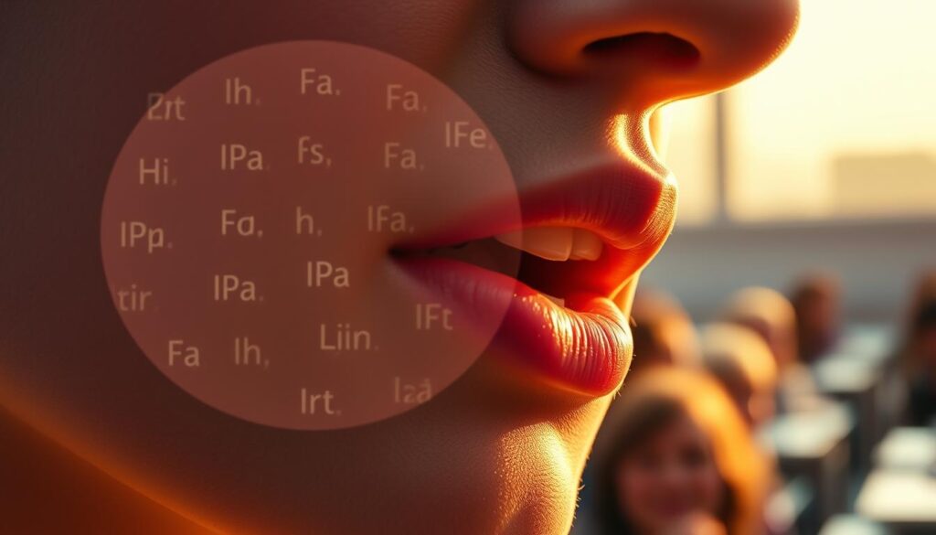 A vibrant close-up of a person's mouth, their lips slightly parted, highlighting the intricate movements and muscles involved in pronunciation. The scene is bathed in warm, golden lighting, creating a sense of intimacy and attention to detail. In the middle ground, an enlarged visual representation of phonetic symbols and IPA characters float, emphasizing the complexities of spoken language. In the background, a blurred cityscape or classroom setting suggests the real-world importance of clear, effective communication. The overall mood is one of contemplation and appreciation for the nuances of the human voice. A vibrant close-up of a person's mouth, their lips slightly parted, highlighting the intricate movements and muscles involved in pronunciation. The scene is bathed in warm, golden lighting, creating a sense of intimacy and attention to detail. In the middle ground, an enlarged visual representation of phonetic symbols and IPA characters float, emphasizing the complexities of spoken language. In the background, a blurred cityscape or classroom setting suggests the real-world importance of clear, effective communication. The overall mood is one of contemplation and appreciation for the nuances of the human voice.