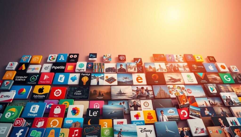 A vibrant collage of popular course icons and thumbnails, arranged in a visually striking composition. The foreground features a diverse array of colorful, high-resolution icons representing various subject areas such as computer science, business, design, and language learning. The middle ground showcases a selection of course thumbnails, each with an engaging visual aesthetic that captures the essence of the respective topics. The background is a soft, gradient-based environment that provides a polished, professional backdrop, accentuating the overall visual harmony. Warm, natural lighting casts a subtle glow, creating a welcoming and inviting atmosphere. The entire scene is captured with a wide-angle lens, providing a comprehensive overview of the "Popular Free Course Categories for Beginners".