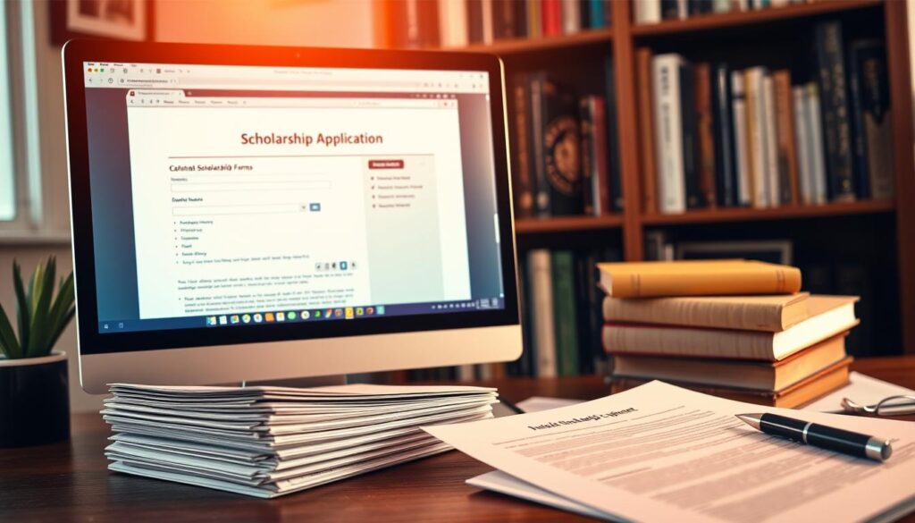 A vibrant collage of scholarship application materials, including a desktop computer displaying an online application form, a stack of neatly organized documents, and a pen poised to capture thoughtful insights. Soft, warm lighting illuminates the scene, creating an atmosphere of focused productivity and determination. In the background, a bookshelf with volumes on higher education and financial aid advice suggests a studious environment. The overall composition conveys a sense of preparation, attention to detail, and a commitment to crafting a winning scholarship application. A vibrant collage of scholarship application materials, including a desktop computer displaying an online application form, a stack of neatly organized documents, and a pen poised to capture thoughtful insights. Soft, warm lighting illuminates the scene, creating an atmosphere of focused productivity and determination. In the background, a bookshelf with volumes on higher education and financial aid advice suggests a studious environment. The overall composition conveys a sense of preparation, attention to detail, and a commitment to crafting a winning scholarship application.
