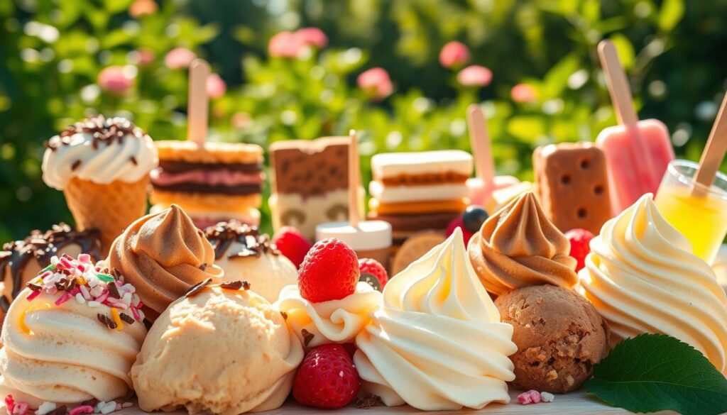 A vibrant display of various ice cream treats against a summery backdrop. In the foreground, artfully arranged scoops of ice cream in a range of flavors - creamy vanilla, rich chocolate, and refreshing fruit sorbets. Toppings like sprinkles, chocolate shavings, and fresh berries add pops of color and texture. In the middle ground, an assortment of ice cream sandwiches, popsicles, and frozen bars. Sunlight filters through, casting a warm, golden glow on the scene. In the background, a blurred view of a lush, verdant garden, hinting at the delightful outdoor setting. The overall mood is one of joy, indulgence, and the carefree spirit of summer.