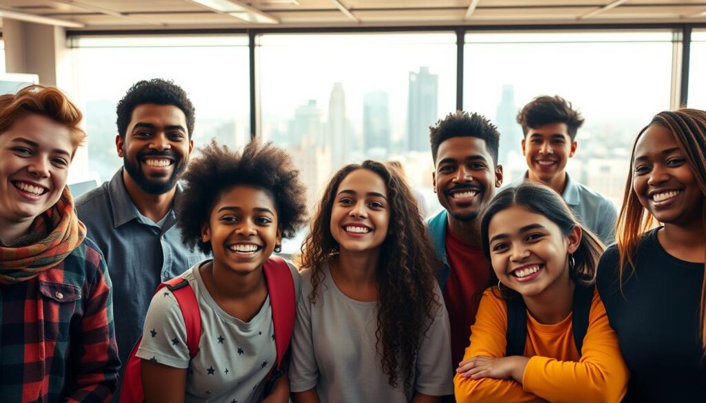 A vibrant, dynamic scene depicting the impact of quality education. In the foreground, a diverse group of students - smiling, engaged, and eagerly learning. Their expressions radiate enthusiasm and a thirst for knowledge. In the middle ground, a modern, well-equipped classroom with state-of-the-art technology, interactive displays, and collaborative workspaces. The background features a cityscape, symbolizing the far-reaching effects of education - shaping individuals, communities, and the world beyond. Warm, natural lighting filters through large windows, casting a soft, inspirational glow over the entire scene. The composition conveys a sense of progress, opportunity, and the transformative power of a high-quality educational experience. A vibrant, dynamic scene depicting the impact of quality education. In the foreground, a diverse group of students - smiling, engaged, and eagerly learning. Their expressions radiate enthusiasm and a thirst for knowledge. In the middle ground, a modern, well-equipped classroom with state-of-the-art technology, interactive displays, and collaborative workspaces. The background features a cityscape, symbolizing the far-reaching effects of education - shaping individuals, communities, and the world beyond. Warm, natural lighting filters through large windows, casting a soft, inspirational glow over the entire scene. The composition conveys a sense of progress, opportunity, and the transformative power of a high-quality educational experience.