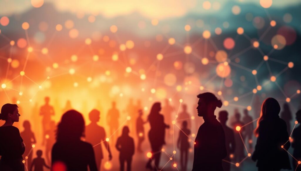 A vibrant, interconnected web of support network connections, depicted through a soft-focus, warm-toned lens. In the foreground, various human silhouettes are linked by delicate, glowing threads, symbolizing the bonds of understanding, empathy, and shared experiences. The middle ground showcases a diverse array of people, each offering a unique form of support, from a compassionate therapist to a trusted friend. In the background, a dreamlike landscape of swirling energy and abstract shapes, representing the intertwined nature of mental wellbeing and social connections. The overall composition evokes a sense of comfort, community, and the power of coming together to navigate life's challenges.