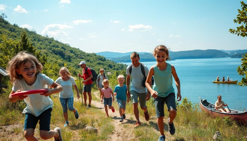 A vibrant outdoor scene of a family enjoying a variety of recreational activities against the backdrop of a lush, verdant landscape. In the foreground, a group of children are engaged in an energetic game of frisbee, their laughter and movement captured in a crisp, dynamic composition. In the middle ground, parents supervise as their young ones explore a hiking trail, taking in the beauty of the surrounding nature. In the distance, a serene lake reflects the azure sky, with a family paddling a canoe across its calm waters. The overall mood is one of joy, adventure, and togetherness, conveying the perfect family-friendly weekend getaway. A vibrant outdoor scene of a family enjoying a variety of recreational activities against the backdrop of a lush, verdant landscape. In the foreground, a group of children are engaged in an energetic game of frisbee, their laughter and movement captured in a crisp, dynamic composition. In the middle ground, parents supervise as their young ones explore a hiking trail, taking in the beauty of the surrounding nature. In the distance, a serene lake reflects the azure sky, with a family paddling a canoe across its calm waters. The overall mood is one of joy, adventure, and togetherness, conveying the perfect family-friendly weekend getaway.
