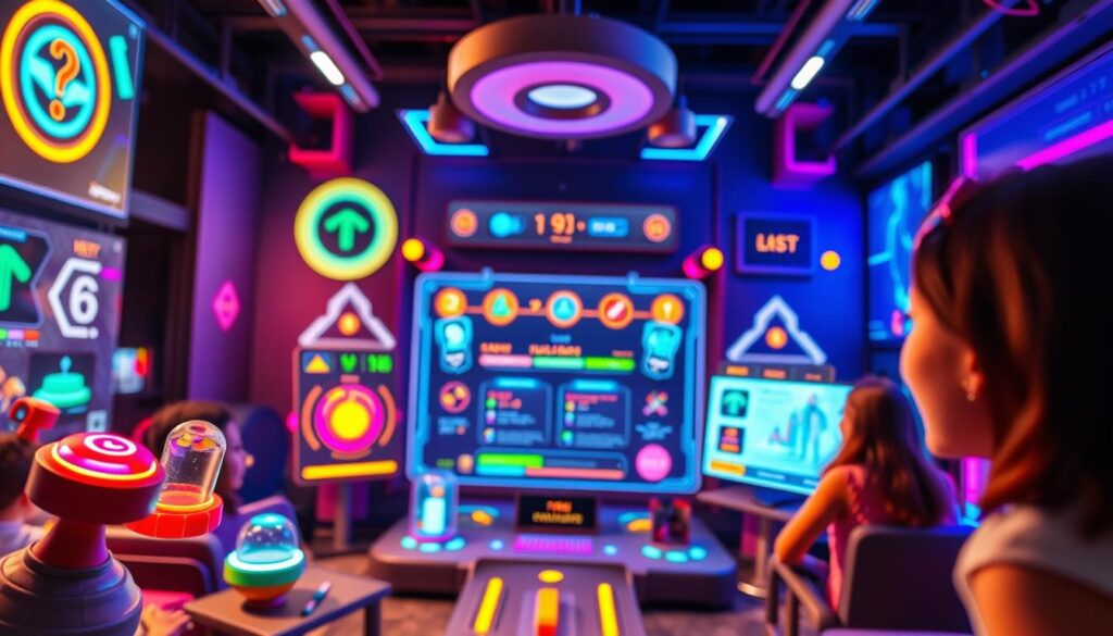 A vibrant, playful scene showcasing various gamification techniques to boost motivation. In the foreground, colorful power-ups, level-up badges, and leaderboards captivate the viewer. The middle ground features an engaging game interface with interactive elements, progress bars, and reward systems. In the background, a sleek, futuristic setting with holographic displays and neon-lit panels sets the tone for a technologically advanced learning environment. Warm lighting casts a welcoming glow, and the camera angle offers a dynamic, bird's-eye perspective to convey a sense of immersion and engagement. A vibrant, playful scene showcasing various gamification techniques to boost motivation. In the foreground, colorful power-ups, level-up badges, and leaderboards captivate the viewer. The middle ground features an engaging game interface with interactive elements, progress bars, and reward systems. In the background, a sleek, futuristic setting with holographic displays and neon-lit panels sets the tone for a technologically advanced learning environment. Warm lighting casts a welcoming glow, and the camera angle offers a dynamic, bird's-eye perspective to convey a sense of immersion and engagement.