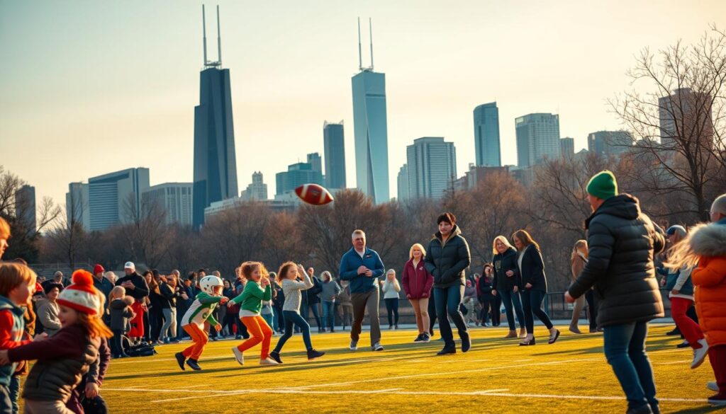 A vibrant scene of a Chicago sports family event unfolds. In the foreground, a lively crowd cheers as young athletes compete on a well-lit field. Families gather, bundled up against the crisp autumn air, faces aglow with excitement. The middle ground showcases parent-child duos tossing a football, their laughter mingling with the roar of the crowd. In the background, the iconic Chicago skyline stands tall, a picturesque backdrop to this unforgettable community gathering. Warm lighting casts a golden glow, capturing the spirit of camaraderie and joy that permeates this beloved sports-centric family affair. A vibrant scene of a Chicago sports family event unfolds. In the foreground, a lively crowd cheers as young athletes compete on a well-lit field. Families gather, bundled up against the crisp autumn air, faces aglow with excitement. The middle ground showcases parent-child duos tossing a football, their laughter mingling with the roar of the crowd. In the background, the iconic Chicago skyline stands tall, a picturesque backdrop to this unforgettable community gathering. Warm lighting casts a golden glow, capturing the spirit of camaraderie and joy that permeates this beloved sports-centric family affair.
