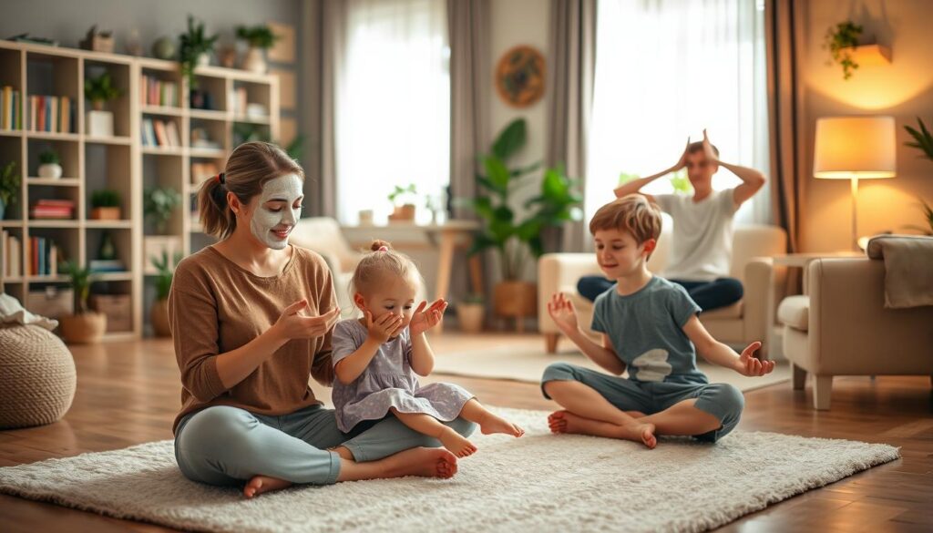 A warm, family-centric scene of a mother and her two children engaging in various self-care activities. In the foreground, the mother and her young daughter sit cross-legged on a plush rug, applying face masks and painting each other's nails in a soft, diffused light. In the middle ground, the son practices gentle yoga poses, his expression one of calm focus. The background depicts a cozy living room with bookshelves, plants, and inviting armchairs, creating a serene and nurturing atmosphere. The overall mood is one of intimacy, relaxation, and quality time spent together. A warm, family-centric scene of a mother and her two children engaging in various self-care activities. In the foreground, the mother and her young daughter sit cross-legged on a plush rug, applying face masks and painting each other's nails in a soft, diffused light. In the middle ground, the son practices gentle yoga poses, his expression one of calm focus. The background depicts a cozy living room with bookshelves, plants, and inviting armchairs, creating a serene and nurturing atmosphere. The overall mood is one of intimacy, relaxation, and quality time spent together.