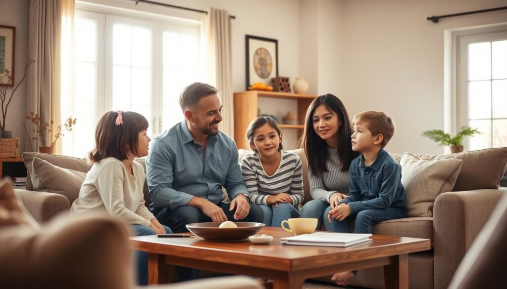A warm, inviting family meeting scene set in a cozy living room. In the foreground, a family of four - parents and two children - gathered around a coffee table, engaged in a discussion. Soft natural lighting filters through large windows, casting a comforting glow. The parents have attentive, thoughtful expressions, while the children appear eager to participate. The room is tastefully decorated with earthy tones and subtle, homey accents, conveying a sense of unity and collaboration. The atmosphere is one of open communication, collaborative problem-solving, and a shared commitment to household responsibilities. A warm, inviting family meeting scene set in a cozy living room. In the foreground, a family of four - parents and two children - gathered around a coffee table, engaged in a discussion. Soft natural lighting filters through large windows, casting a comforting glow. The parents have attentive, thoughtful expressions, while the children appear eager to participate. The room is tastefully decorated with earthy tones and subtle, homey accents, conveying a sense of unity and collaboration. The atmosphere is one of open communication, collaborative problem-solving, and a shared commitment to household responsibilities.