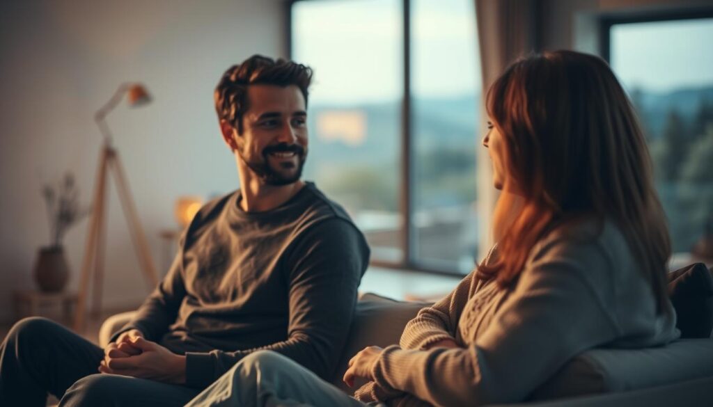 A warm, inviting scene of two people engaged in thoughtful, open dialogue. In the foreground, a man and woman sit comfortably facing each other, their body language relaxed and attentive. Gentle lighting casts a soft, amber glow, creating an atmosphere of trust and understanding. In the middle ground, a cozy, minimalist living space, with muted colors and natural textures that enhance the sense of calm. The background blurs into a serene, natural landscape, suggesting the expansiveness and perspective that healthy communication can bring to relationships. The overall mood is one of intimacy, respect, and the profound connection that arises when partners communicate with honesty, empathy, and care. A warm, inviting scene of two people engaged in thoughtful, open dialogue. In the foreground, a man and woman sit comfortably facing each other, their body language relaxed and attentive. Gentle lighting casts a soft, amber glow, creating an atmosphere of trust and understanding. In the middle ground, a cozy, minimalist living space, with muted colors and natural textures that enhance the sense of calm. The background blurs into a serene, natural landscape, suggesting the expansiveness and perspective that healthy communication can bring to relationships. The overall mood is one of intimacy, respect, and the profound connection that arises when partners communicate with honesty, empathy, and care.