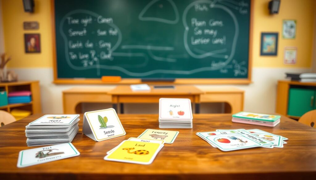 A warm, well-lit classroom setting with a large chalkboard or whiteboard in the background. On a wooden table in the foreground, an array of colorful flashcards featuring simple vocabulary words and accompanying illustrations. A stack of the flashcards, a few scattered on the table, and a set of educational games or activities like matching puzzles or memory cards. The scene conveys a sense of learning, exploration, and interactive engagement, ideal for beginner vocabulary practice.