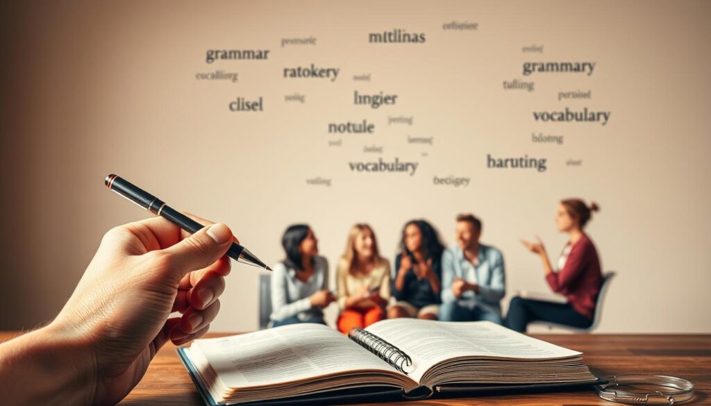 A well-balanced and harmonious composition depicting the interplay of grammar, vocabulary, and natural conversation. In the foreground, a hand holding a pen hovers over a notebook, symbolizing the careful construction of language. In the middle ground, a diverse group of people engaged in lively discussion, their expressions animated and their gestures expressive. In the background, a stylized representation of grammatical structures and vocabulary words, their forms flowing and interconnected. Warm, diffused lighting casts a contemplative atmosphere, highlighting the delicate equilibrium between the analytical and the expressive aspects of language learning. A well-balanced and harmonious composition depicting the interplay of grammar, vocabulary, and natural conversation. In the foreground, a hand holding a pen hovers over a notebook, symbolizing the careful construction of language. In the middle ground, a diverse group of people engaged in lively discussion, their expressions animated and their gestures expressive. In the background, a stylized representation of grammatical structures and vocabulary words, their forms flowing and interconnected. Warm, diffused lighting casts a contemplative atmosphere, highlighting the delicate equilibrium between the analytical and the expressive aspects of language learning.