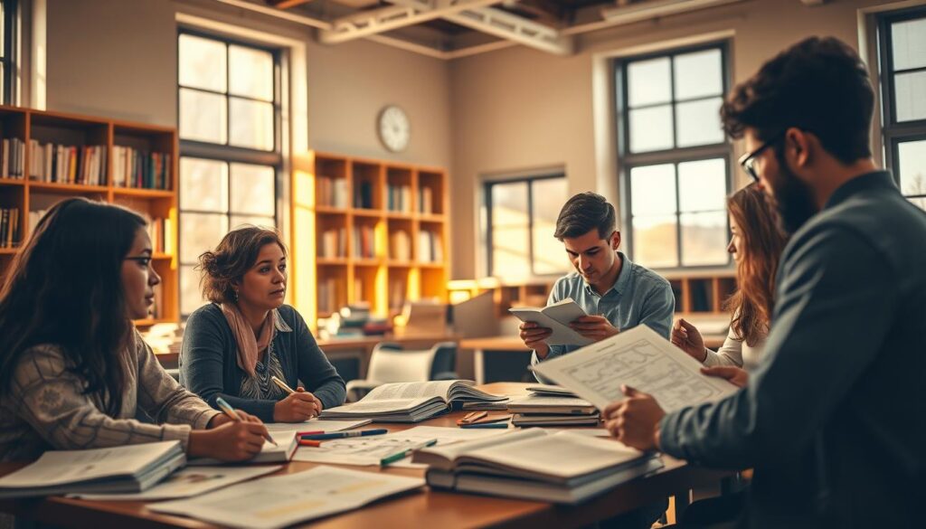 A well-lit classroom scene, students engaged in active study techniques. In the foreground, a group clustered around a table, highlighting textbooks, diagrams, and notes. Colored pens and highlighters in hand, they discuss and collaborate. In the middle ground, an individual student intently reading, fingers tracing the text. Bookshelves line the walls, casting a warm, scholarly glow. Sunlight streams through large windows, illuminating the studious atmosphere. The overall mood is one of focused, productive learning, with a sense of camaraderie and intellectual engagement.