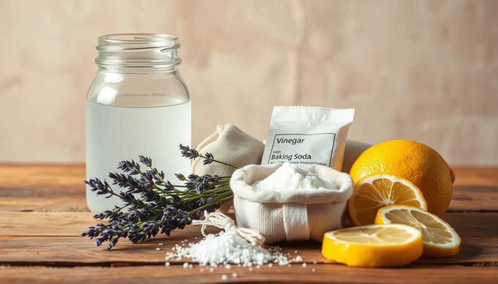 A well-lit, close-up photograph of a variety of natural fabric softeners, including a glass jar filled with white vinegar, a bundle of dried lavender stems, a small cloth pouch of baking soda, and a few fresh lemon slices arranged on a wooden surface. The items are set against a neutral, earthy background with soft, diffused lighting creating a warm, inviting atmosphere. The composition emphasizes the simplicity and accessibility of these eco-friendly, non-toxic alternatives to commercial fabric softeners.