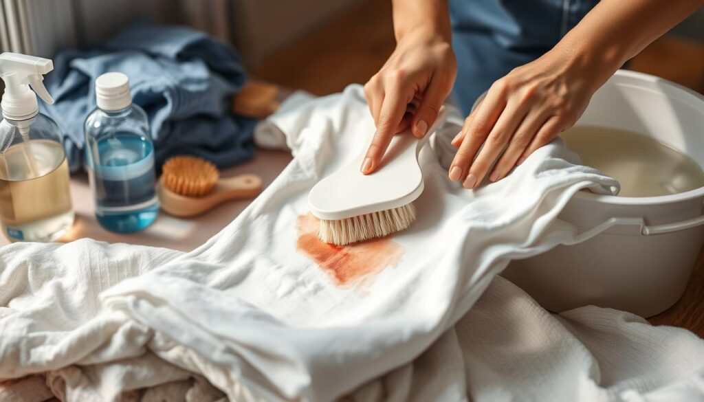 A well-lit, close-up shot of a set of hands carefully pretreating a stained shirt, surrounded by various laundry supplies like stain remover, a scrub brush, and a bucket of warm water. The hands meticulously work the stain with a soft-bristled brush, creating a visually satisfying scene of diligent stain removal. The background is slightly blurred, keeping the focus on the detailed, hands-on process of pretreatment for spotless laundry results. The lighting is warm and natural, conveying a sense of domestic tranquility and the satisfaction of a job well done.