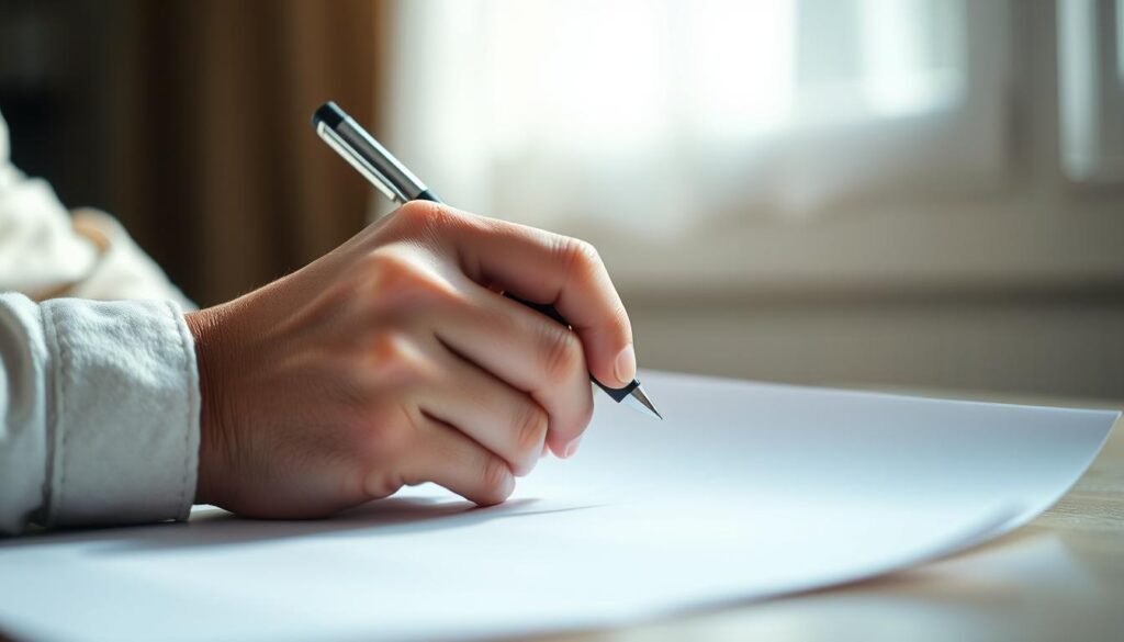 A well-lit, high-resolution close-up shot of a person's hand thoughtfully holding a pen and staring intently at a blank sheet of paper, conveying the focus and authenticity required for a compelling college application essay. The scene is set against a subtly blurred background, emphasizing the foreground subject. The lighting is soft and natural, casting gentle shadows that accentuate the textures and details of the hand and paper. The overall mood is one of contemplation, determination, and the pursuit of self-expression. A well-lit, high-resolution close-up shot of a person's hand thoughtfully holding a pen and staring intently at a blank sheet of paper, conveying the focus and authenticity required for a compelling college application essay. The scene is set against a subtly blurred background, emphasizing the foreground subject. The lighting is soft and natural, casting gentle shadows that accentuate the textures and details of the hand and paper. The overall mood is one of contemplation, determination, and the pursuit of self-expression.