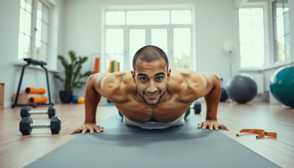 A well-lit home gym setting with a person doing a push-up on a yoga mat. The foreground shows strong, muscular arms and a determined expression on the subject's face. In the middle ground, various strength training equipment like dumbbells, resistance bands, and a stability ball are arranged neatly. The background depicts a clean, minimalist home interior with large windows allowing natural light to flood the space, creating a serene and motivating atmosphere. The lighting is soft and evenly distributed, accentuating the subject's physique and the functional, uncluttered environment. The camera angle is slightly elevated, capturing the scene from an empowering perspective. A well-lit home gym setting with a person doing a push-up on a yoga mat. The foreground shows strong, muscular arms and a determined expression on the subject's face. In the middle ground, various strength training equipment like dumbbells, resistance bands, and a stability ball are arranged neatly. The background depicts a clean, minimalist home interior with large windows allowing natural light to flood the space, creating a serene and motivating atmosphere. The lighting is soft and evenly distributed, accentuating the subject's physique and the functional, uncluttered environment. The camera angle is slightly elevated, capturing the scene from an empowering perspective.