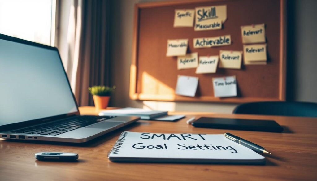 A well-lit office desk with a laptop, notepad, and pen. On the notepad, the words "SMART Goal Setting" are clearly visible. In the background, a corkboard displays sticky notes with keywords like "Specific", "Measurable", "Achievable", "Relevant", and "Time-bound". Warm, natural lighting filters through a window, casting a soft glow on the scene. The overall atmosphere is one of focus, productivity, and a sense of intentional skill development. A well-lit office desk with a laptop, notepad, and pen. On the notepad, the words "SMART Goal Setting" are clearly visible. In the background, a corkboard displays sticky notes with keywords like "Specific", "Measurable", "Achievable", "Relevant", and "Time-bound". Warm, natural lighting filters through a window, casting a soft glow on the scene. The overall atmosphere is one of focus, productivity, and a sense of intentional skill development.