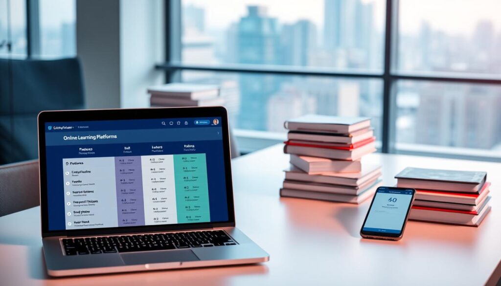 A well-lit office setting with a modern, sleek desk showcasing various online learning platforms. In the foreground, a laptop displays a side-by-side comparison of different platforms, their features, and ratings. Alongside, a tablet and smartphone display additional platform options. The middle ground features neatly organized stacks of books and study materials, conveying a sense of productivity and learning. The background depicts a large window overlooking a cityscape, with soft, natural lighting filtering in. The overall atmosphere is one of focus, efficiency, and the seamless integration of technology into the learning experience. A well-lit office setting with a modern, sleek desk showcasing various online learning platforms. In the foreground, a laptop displays a side-by-side comparison of different platforms, their features, and ratings. Alongside, a tablet and smartphone display additional platform options. The middle ground features neatly organized stacks of books and study materials, conveying a sense of productivity and learning. The background depicts a large window overlooking a cityscape, with soft, natural lighting filtering in. The overall atmosphere is one of focus, efficiency, and the seamless integration of technology into the learning experience.