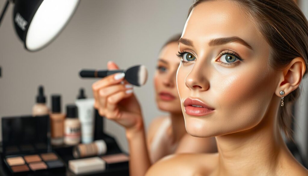 A well-lit studio setting with a model demonstrating various foundation application techniques. In the foreground, the model's face is visible, showcasing a smooth, even base application using a foundation brush. In the middle ground, the model gently pats the foundation with a damp makeup sponge to blend seamlessly. In the background, an array of foundation bottles, primer, and setting powder are neatly arranged, providing a professional, high-quality appearance. The lighting is soft and flattering, creating a warm, inviting atmosphere that highlights the model's features. The overall scene conveys a masterclass in foundation application, suitable for a beginner's guide to achieving a flawless makeup look. A well-lit studio setting with a model demonstrating various foundation application techniques. In the foreground, the model's face is visible, showcasing a smooth, even base application using a foundation brush. In the middle ground, the model gently pats the foundation with a damp makeup sponge to blend seamlessly. In the background, an array of foundation bottles, primer, and setting powder are neatly arranged, providing a professional, high-quality appearance. The lighting is soft and flattering, creating a warm, inviting atmosphere that highlights the model's features. The overall scene conveys a masterclass in foundation application, suitable for a beginner's guide to achieving a flawless makeup look.