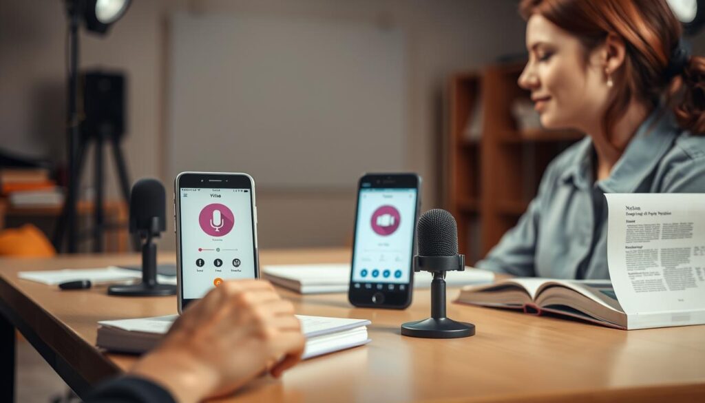 A well-lit studio setting, with a table prominently featuring various objects associated with pronunciation practice - a smartphone or tablet displaying a voice analysis app, a small microphone, and a few pronunciation reference books. The foreground showcases a person, possibly a teacher or student, intently focused on the task at hand, engaged in a pronunciation exercise. The background is softly blurred, hinting at a classroom or home environment. The lighting is soft and directional, creating a sense of focus and attention to the subject matter. The overall mood is one of diligence, learning, and the pursuit of improving spoken English skills. A well-lit studio setting, with a table prominently featuring various objects associated with pronunciation practice - a smartphone or tablet displaying a voice analysis app, a small microphone, and a few pronunciation reference books. The foreground showcases a person, possibly a teacher or student, intently focused on the task at hand, engaged in a pronunciation exercise. The background is softly blurred, hinting at a classroom or home environment. The lighting is soft and directional, creating a sense of focus and attention to the subject matter. The overall mood is one of diligence, learning, and the pursuit of improving spoken English skills.