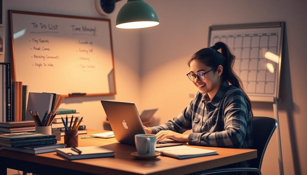 A well-lit study space with a student sitting at a desk, focused on their laptop. The desk is organized with textbooks, stationery, and a cup of coffee, symbolizing productivity. In the background, a whiteboard displays a to-do list and a calendar, highlighting the benefits of effective time management. The lighting is warm and inviting, creating a cozy atmosphere conducive to academic success. The student's expression conveys a sense of accomplishment and satisfaction, reflecting the advantages of good time management practices. A well-lit study space with a student sitting at a desk, focused on their laptop. The desk is organized with textbooks, stationery, and a cup of coffee, symbolizing productivity. In the background, a whiteboard displays a to-do list and a calendar, highlighting the benefits of effective time management. The lighting is warm and inviting, creating a cozy atmosphere conducive to academic success. The student's expression conveys a sense of accomplishment and satisfaction, reflecting the advantages of good time management practices.