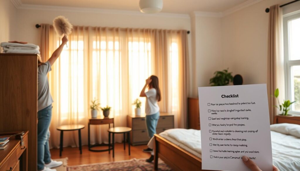 A well-organized bedroom scene with a clearly visible checklist being used to dust from top to bottom. The room has warm, natural lighting filtering in through large windows, creating a cozy and inviting atmosphere. In the foreground, a person in casual clothes is holding a feather duster, meticulously cleaning the top of a tall bookshelf. The middle ground shows the person moving down to wipe the surfaces of end tables and a dresser. In the background, a neatly made bed and a few potted plants add to the serene, tidy vibe. The checklist in the person's hand is easy to read, guiding them through the systematic deep cleaning process step-by-step.